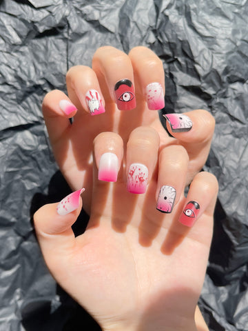 OPOOLA 24 pcs Short Square Shape Halloween Evil Ghost Soft Gel Fake Press On Nails with Jelly Glue&Nail Buffer
